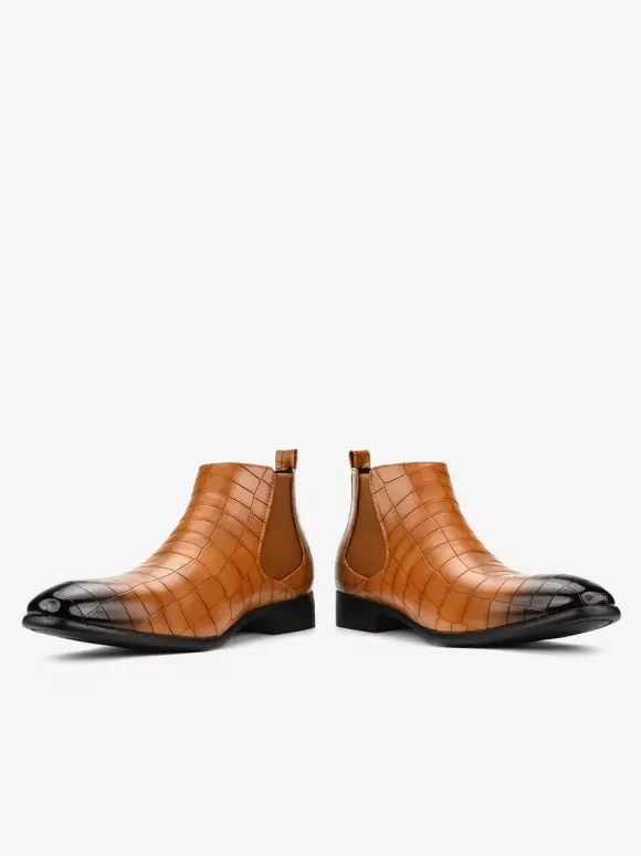 Brown Ankle Boots Men's Round Toe Stone Pattern Chelsea Boots