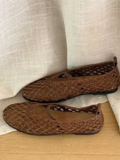 Brown Ballet Flats Cane Round Toe Cut Out Summer Flats