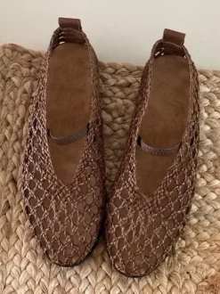 Brown Ballet Flats Cane Round Toe Cut Out Summer Flats