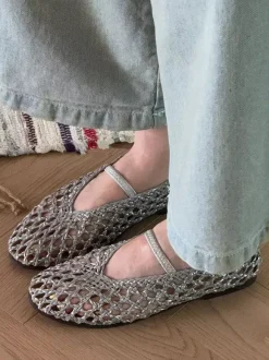 Brown Ballet Flats Cane Round Toe Cut Out Summer Flats