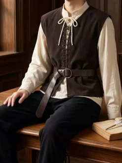 Brown Black Medieval Vest Shirt Set, Men's Renaissance Peasant Rogue Outfit Lace-up Waistcoat With Pirate Shirt Set For Ren Faire