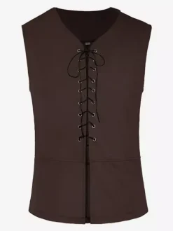Brown Black Medieval Vest Shirt Set, Men's Renaissance Peasant Rogue Outfit Lace-up Waistcoat With Pirate Shirt Set For Ren Faire