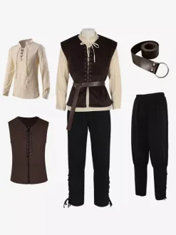 Brown Black Medieval Vest Shirt Set, Men's Renaissance Peasant Rogue Outfit Lace-up Waistcoat With Pirate Shirt Set For Ren Faire