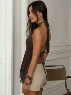 Brown Cami Top Chiffon Backless Sexy Women Camis