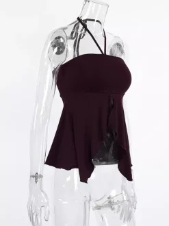 Brown Cami Top Halter Ruffles Lycra Spandex Backless Chic Camis For Women