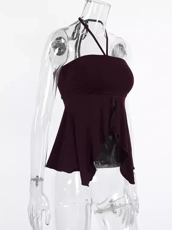 Brown Cami Top Halter Ruffles Lycra Spandex Backless Chic Camis For Women