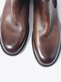 Brown Chelsea Boots Genuine Leather Round Toe Slip On Booties