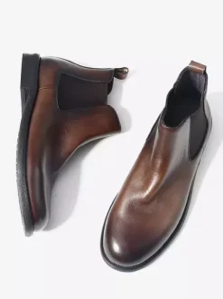 Brown Chelsea Boots Genuine Leather Round Toe Slip On Booties