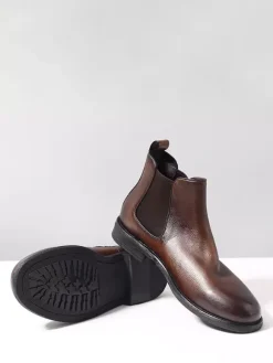 Brown Chelsea Boots Genuine Leather Round Toe Slip On Booties