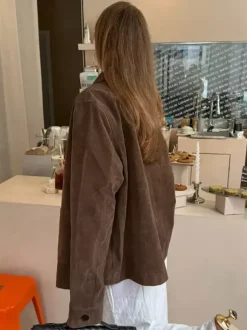 Brown Faux Suede Women's Shacket - Minimalist Turn-down Collar Button Up Jacket With Pocket - Spring Casual Streetwear 2026