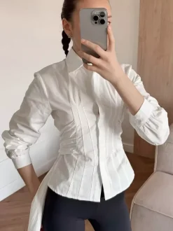 Brown White Two Color Cotton Blouse Front Pleated Slim Fit Cuffed Sleeve Shirts