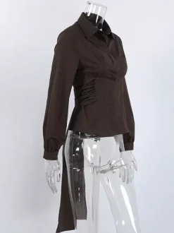 Brown White Two Color Cotton Blouse Front Pleated Slim Fit Cuffed Sleeve Shirts