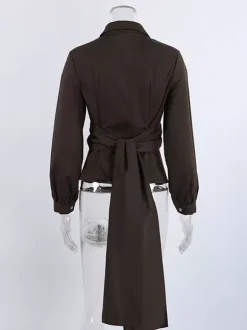 Brown White Two Color Cotton Blouse Front Pleated Slim Fit Cuffed Sleeve Shirts