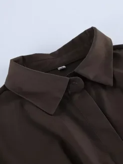 Brown White Two Color Cotton Blouse Front Pleated Slim Fit Cuffed Sleeve Shirts