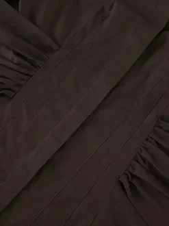 Brown White Two Color Cotton Blouse Front Pleated Slim Fit Cuffed Sleeve Shirts