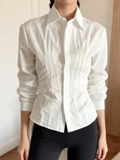 Brown White Two Color Cotton Blouse Front Pleated Slim Fit Cuffed Sleeve Shirts