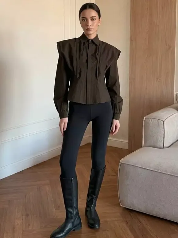 Brown White Two Color Cotton Blouse Front Pleated Slim Fit Cuffed Sleeve Shirts