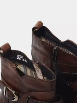 Brown Ankle Boots Genuine Leather Round Toe Buckle Detail Zip Up Booties