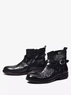 Brown Ankle Boots Genuine Leather Round Toe Buckle Detail Zip Up Booties