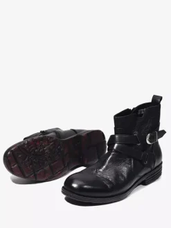 Brown Ankle Boots Genuine Leather Round Toe Buckle Detail Zip Up Booties