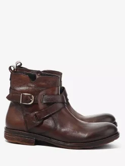Brown Ankle Boots Genuine Leather Round Toe Buckle Detail Zip Up Booties