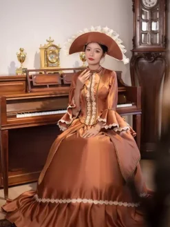 Brown Bustle Victorian Dress Long Flare Sleeves Ball Retro Dress With Hat