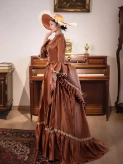 Brown Bustle Victorian Dress Long Flare Sleeves Ball Retro Dress With Hat