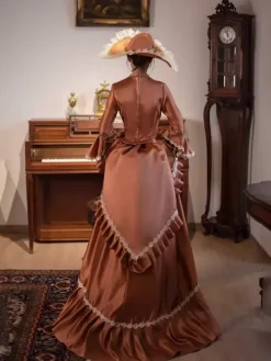 Brown Bustle Victorian Dress Long Flare Sleeves Ball Retro Dress With Hat