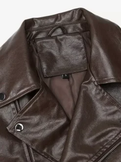 Brown Cropped Moto Leather Jacket Lapel Zip Belted Slim Biker Outerwear
