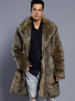 Brown Faux Fur Coat Men Overcoat Turndown Collar Long Sleeve Winter Coat
