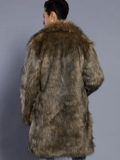Brown Faux Fur Coat Men Overcoat Turndown Collar Long Sleeve Winter Coat