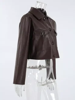 Brown Faux Leather Women's Cropped Jacket - Retro Lapel Button Up Boxy Fit Top - Street Casual Spring Outfits 2026