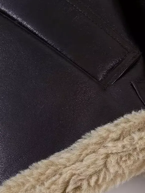 Brown Faux Shearling Lined Moto Jacket Wide Fluffy Collar Zip Cuff Short Biker Coat