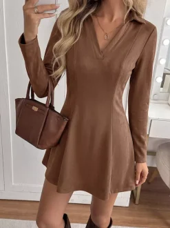 Brown Faux Suede Mini Dress Lapel Collar V Neck Long Sleeve Seamed Waist Flared Skirt Fall Dress