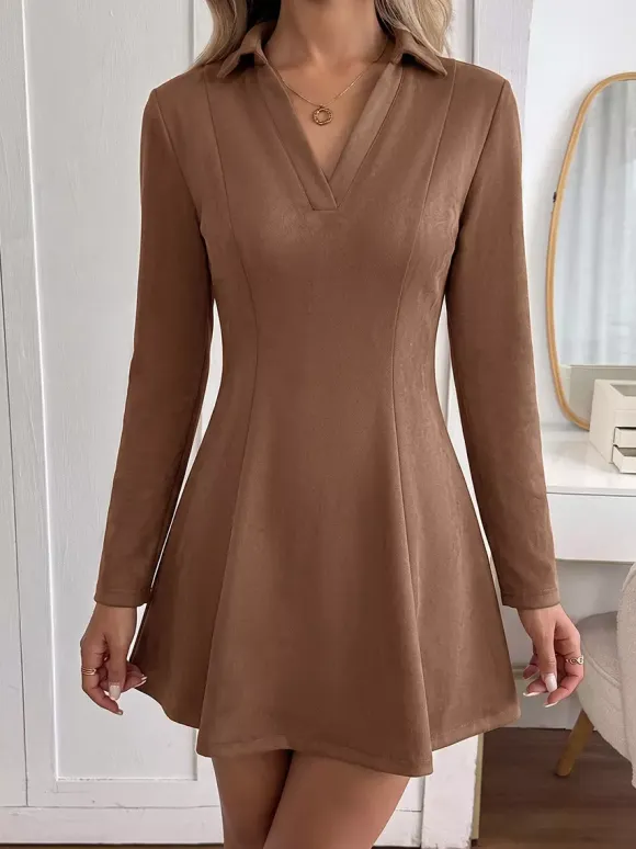 Brown Faux Suede Mini Dress Lapel Collar V Neck Long Sleeve Seamed Waist Flared Skirt Fall Dress