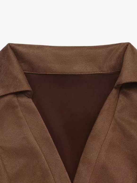Brown Faux Suede Mini Dress Lapel Collar V Neck Long Sleeve Seamed Waist Flared Skirt Fall Dress