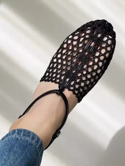 Brown Flat Sandals Round Toe Cut Out Lace Up Summer Flats