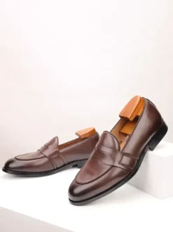 Brown Penny Loafers Men's Round Toe Slop On Dress Shoes