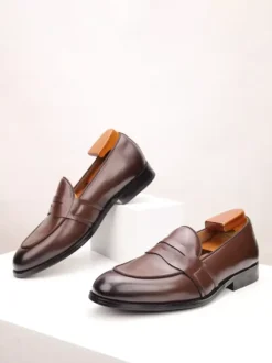 Brown Penny Loafers Men's Round Toe Slop On Dress Shoes
