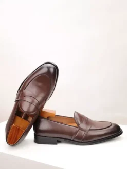 Brown Penny Loafers Men's Round Toe Slop On Dress Shoes