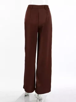 Brown Satin Wide Leg Pants High Waist Draped Silky Straight Trousers