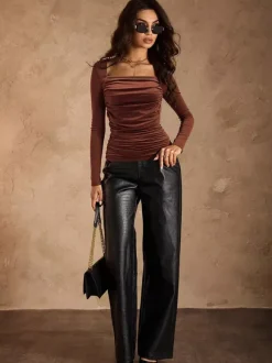 Brown Square Neck Ruched Long Sleeve Slim Fit Top For Women 2026