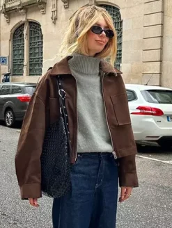 Brown Suede Cropped Zip-up Jacket With Pockets For Women 2026