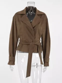 Brown Suede Women's Cropped Blazer - Retro Lapel Belted Waist Regular Fit Jacket - Vintage Spring Daily Outfits 2026