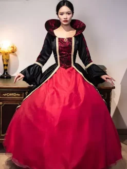 Burgundy Retro Tudor Dress Costumes Women's Lace Polyester Tunic Dress Royal Marie Antoinette Costume Masquerade Ball Gown