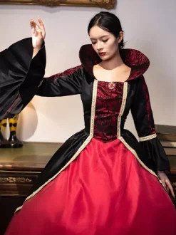 Burgundy Retro Tudor Dress Costumes Women's Lace Polyester Tunic Dress Royal Marie Antoinette Costume Masquerade Ball Gown