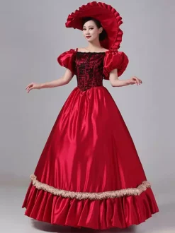 Burgundy Retro Tudor Dress Costumes Lace Polyester Dress Marie Antoinette Costume Women's Royal Tunic Vintage Clothing