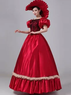 Burgundy Retro Tudor Dress Costumes Lace Polyester Dress Marie Antoinette Costume Women's Royal Tunic Vintage Clothing