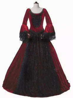 Burgundy Retro Tudor Dress Costumes Women's Marie Antoinette Costume Lace Lace Polyester Tunic Dress Retro Masquerade Ball Gown