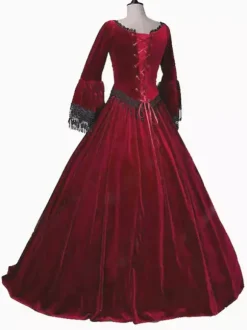 Burgundy Retro Tudor Dress Costumes Women's Marie Antoinette Costume Lace Lace Polyester Tunic Dress Retro Masquerade Ball Gown
